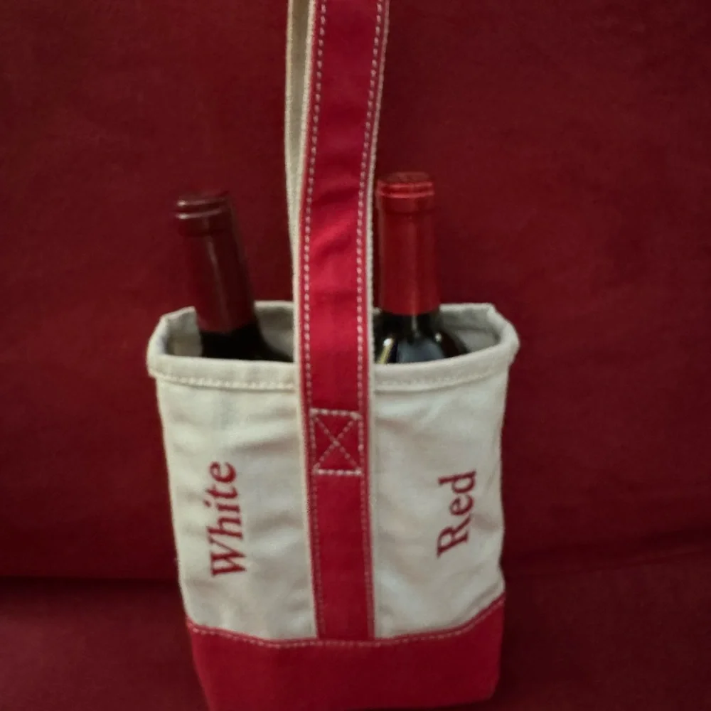 Lands' End Red and Cream Wine Tote - Picture 1 of 6